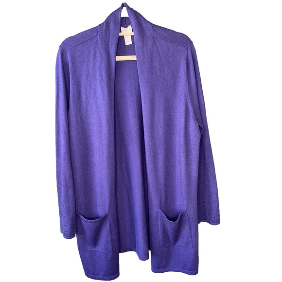 Chicos Longline Cardigan Size 3 (XL) Purple Knit Beaded Sleeves Duster Pockets - Picture 2 of 11